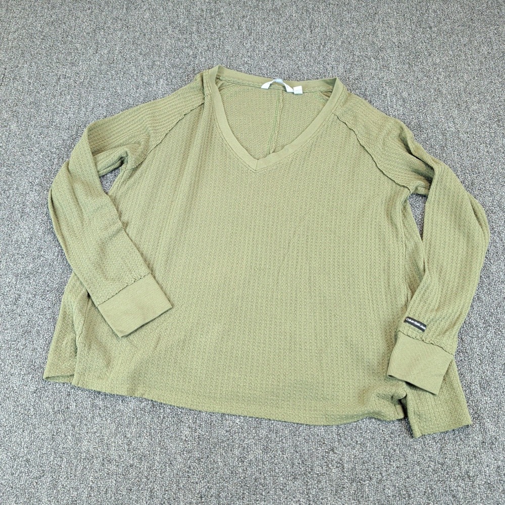 Calvin Klein Jeans Womens Top Medium Olive Waffle Knit Split Back V-Neck Thermal
